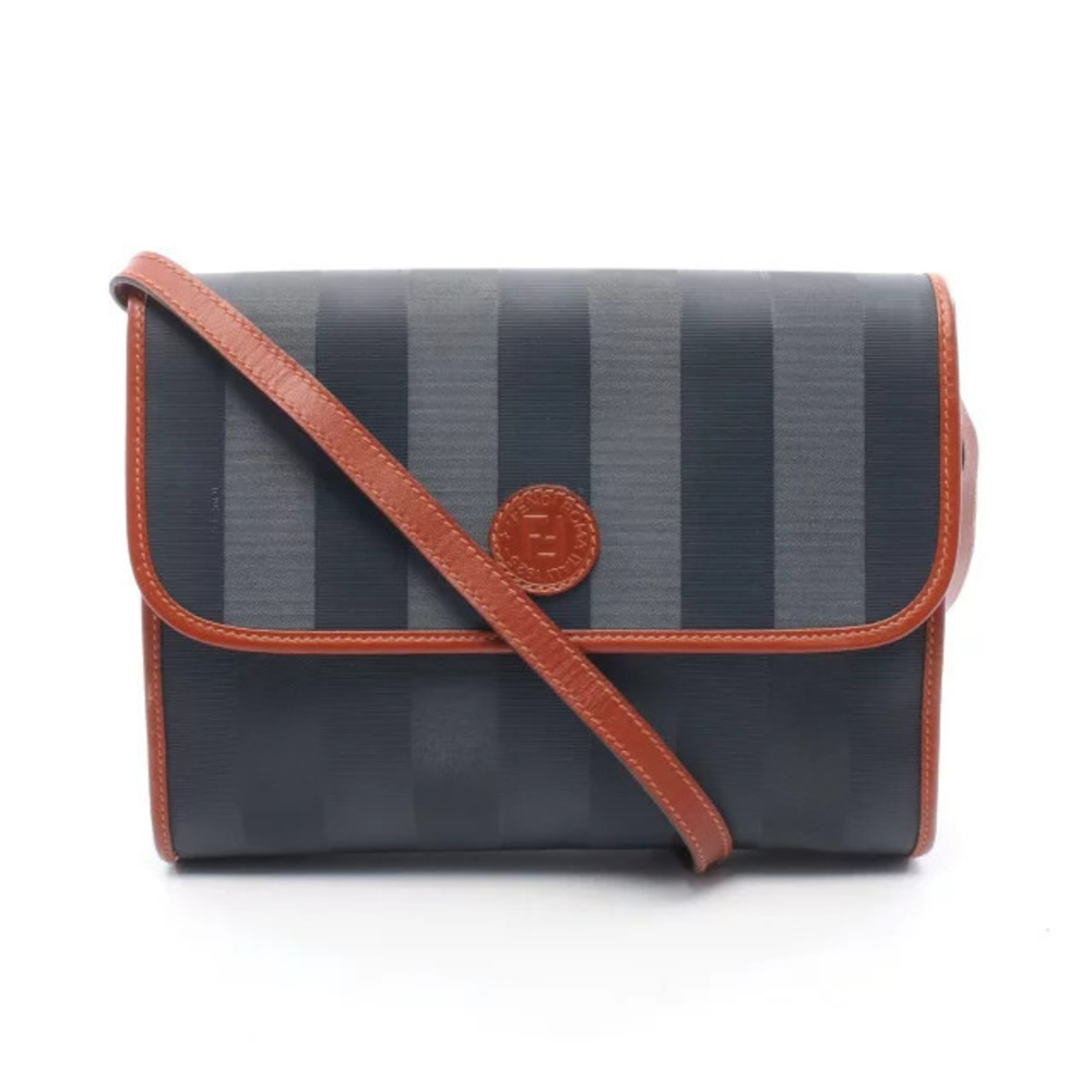 Fendi Pecan Shoulder Bag Canvas Leather Navy Blue Brown